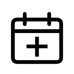 Obraz premium Black outlined calendar icon with a plus sign in the center representing schedule and appointments setup