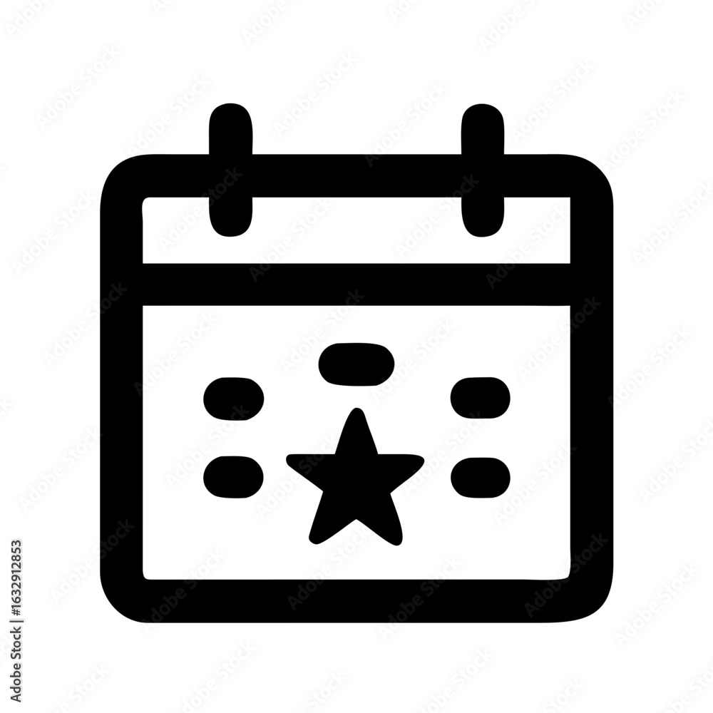 Aufkleber black outlined calendar icon with star and dots marking important dates and events on a white backgr