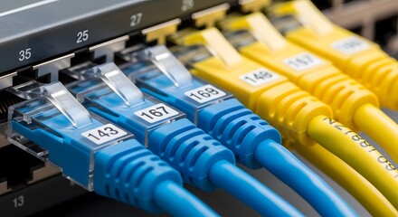Closeup of blue and yellow ethernet cables plugged into a network switch