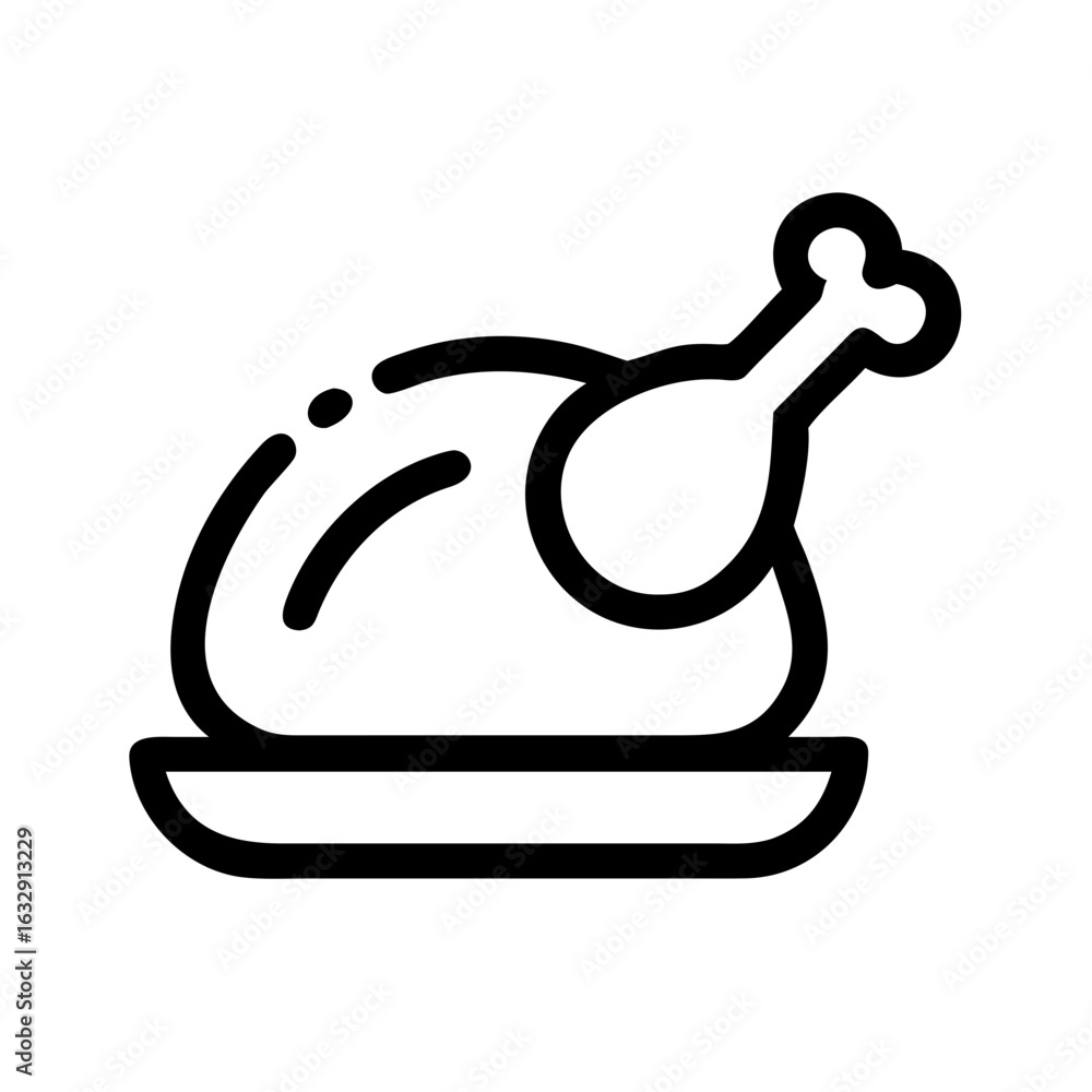 Poster outline drawing of a roasted chicken on a plate with a visible drumstick and simple black lines desi