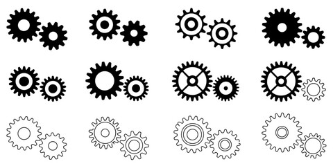 A collection of twelve different gear and cogwheel icon sets in black silhouette and outline styles on a white background.