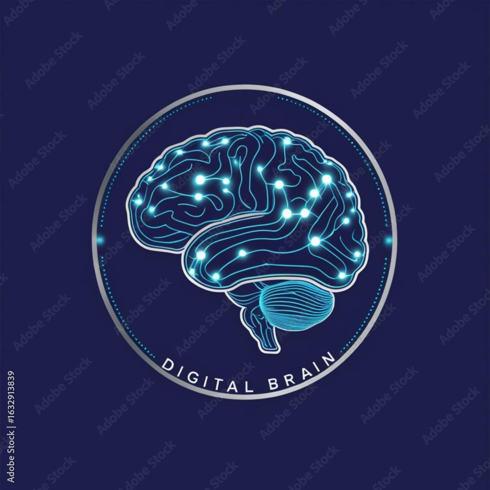 Poster stylized depiction of a human brain with glowing nodes and lines in a circular frame on solid color