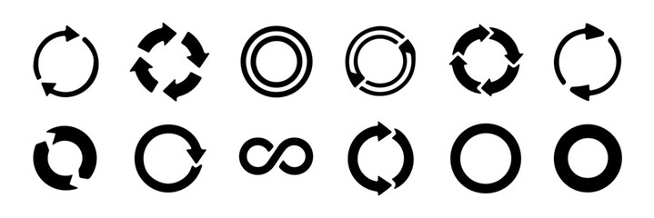 A collection of black and white vector icons depicting various circular arrows, refresh symbols, loading indicators, and an infinity sign, representing concepts of repetition, cycle, and continuous 