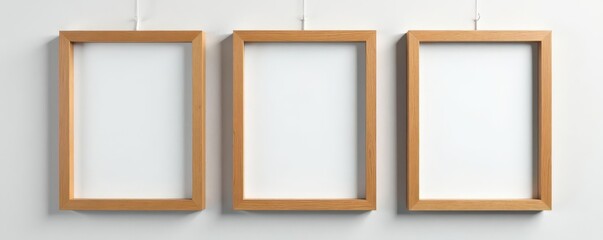 Three empty light brown wooden frames hang on a textured wall , picture frame, arrangement, brown