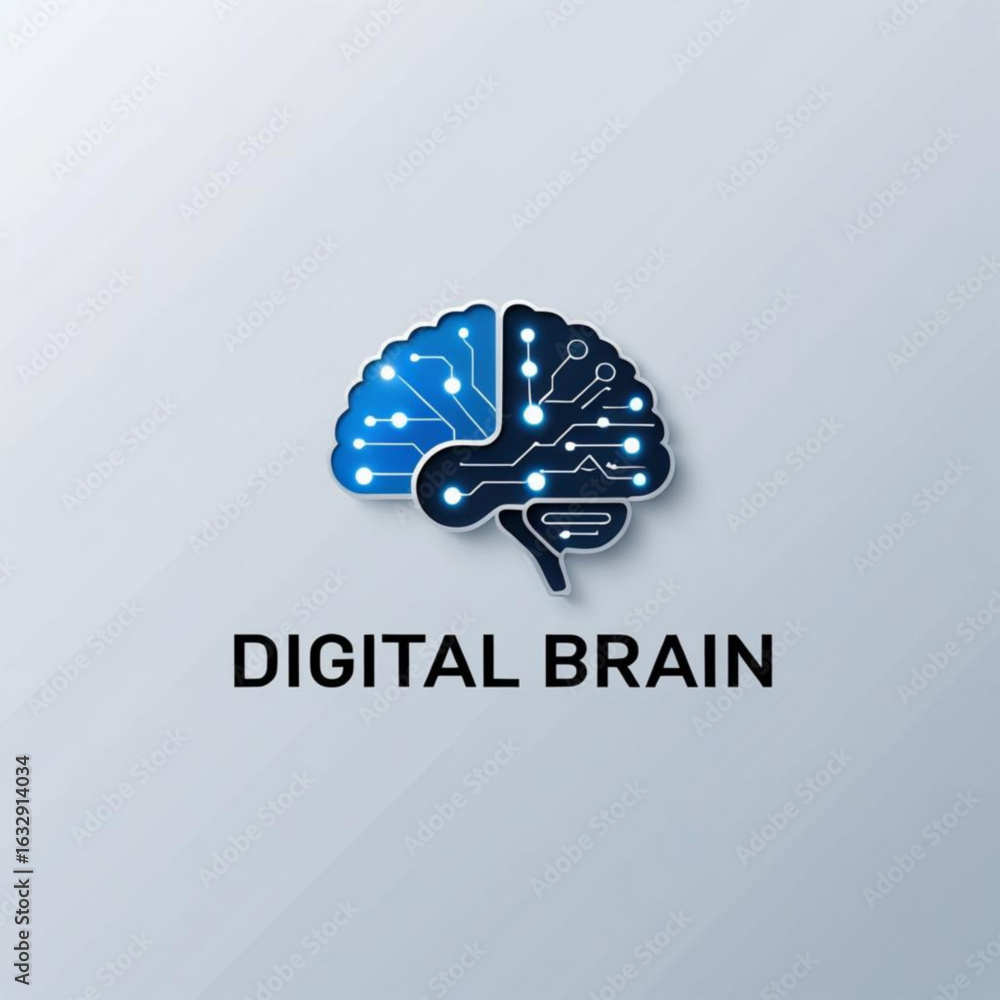 Poster illustration of a brain with circuit patterns on a light surface depicting technology and intelligen