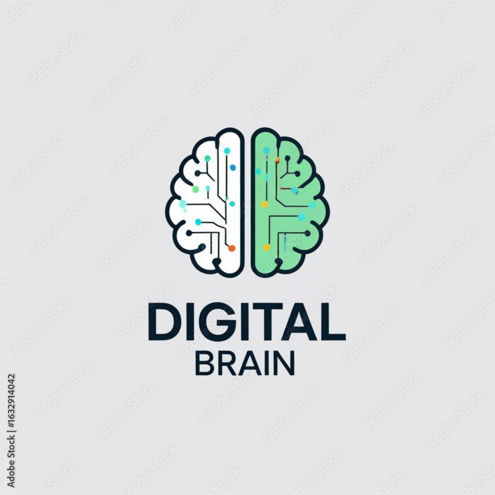 Poster illustration of a stylized brain with circuit patterns and two different colors on each hemisphere s