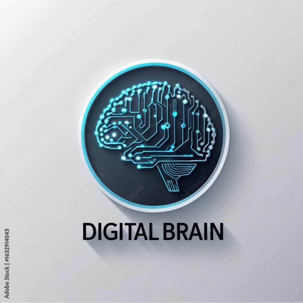 Poster illustration of a glowing circuit board shaped like a human brain inside of a circular frame design 