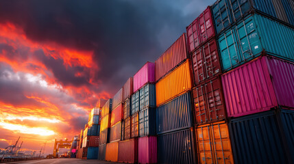 Colorful Shipping Containers Stacked Under Dramatic Sunset Sky at a Port Facility