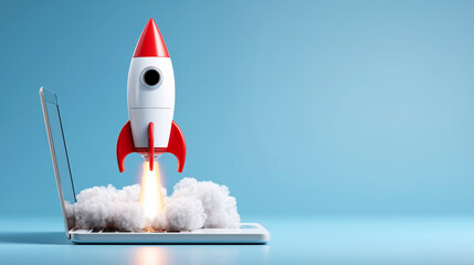 Creative Rocket Launch from Laptop Concept for Startup and Technology Innovation