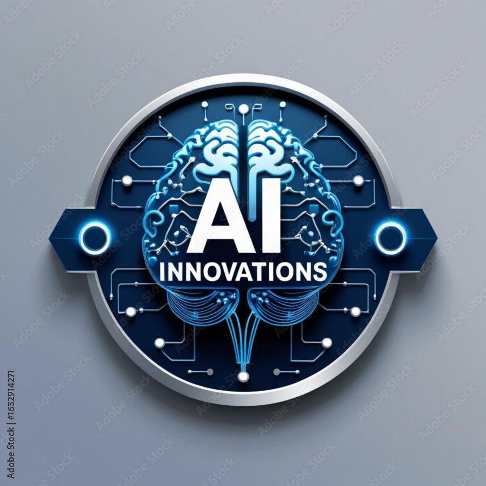 Poster illustration of a brain with circuits and the text ai innovations inside of a circular emblem design