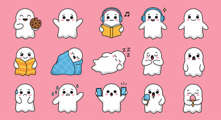 Cute cartoon ghost character icons in minimal hand-drawn style performing various activities like playing guitar, relaxing, sweeping leaves, farming, building a sandcastle, arranging sunflowers, weari