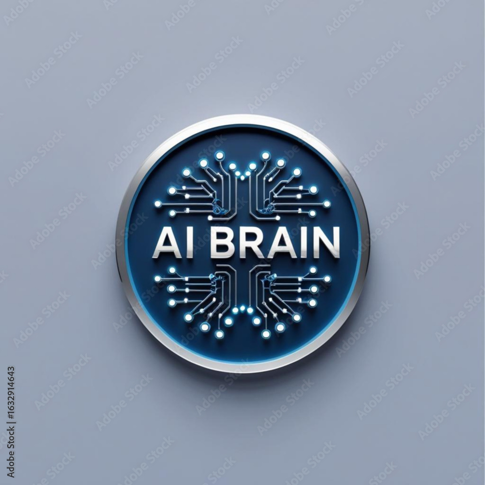 Poster illustration of ai brain concept with circuit design inside a circular metallic frame on light surfa