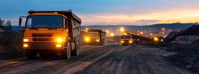 Heavy trucks transporting materials at dusk in a mining site with machinery and lights