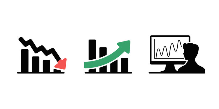 Illustrative Depiction of Business Trends: Declining Profits, Growth, and Analysis on Computer Screen, Presented on White