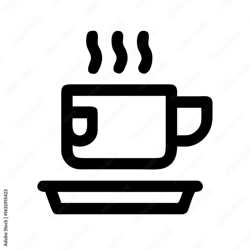 Poster a simple line drawing of a steaming cup of coffee or tea sitting on a small rectangular saucer desig