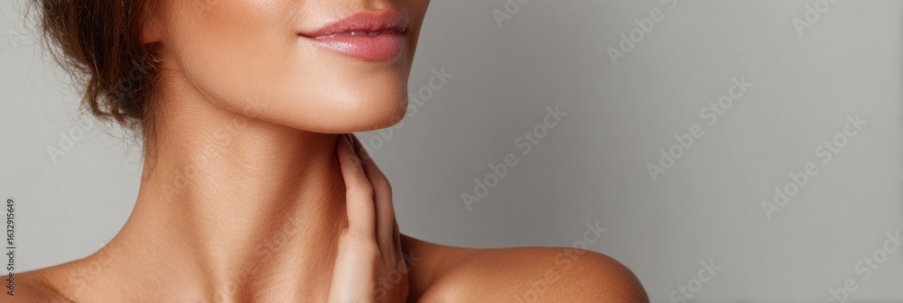 Poster Moisturizer Applied to Neck With Upward Strokes in a Minimal Background Setting Focusing on Skincare Routine and Self-Care Practices