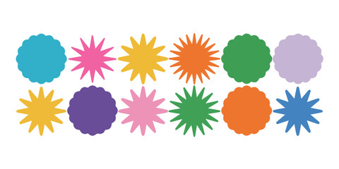 A collection of colorful starburst and scalloped circle shapes arranged in two rows on a white background.