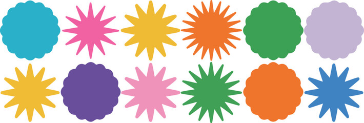 Colorful assortment of scalloped circles and spiky starburst shapes in two rows.