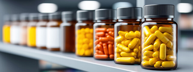 Different Colored Pharmaceutical Bottles with Pills on Shelf in Modern Pharmacy Setting