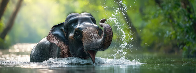 Majestic Elephant Splashes Water in Lush Green Jungle Setting with Sunlight Filtering Through