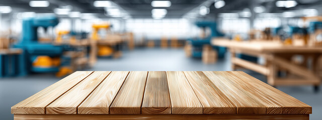 Wooden Table Surface in Bright Workshop with Blurred Tools and Equipment in Background