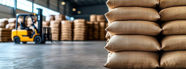 Stacked Burlap Bags in Warehouse with Forklift on Blurred Background for Industrial Use