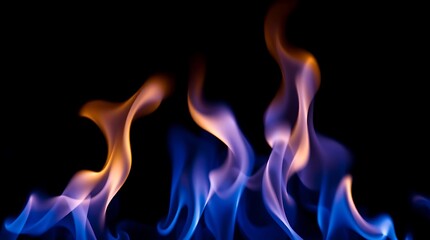 Blue fire flames on black background closeup.