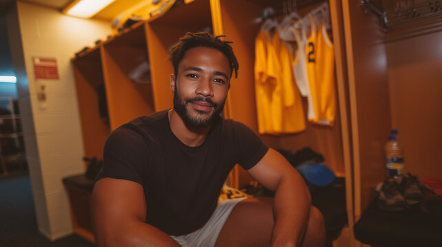 athlete sitting in locker room with sports gear visible 
