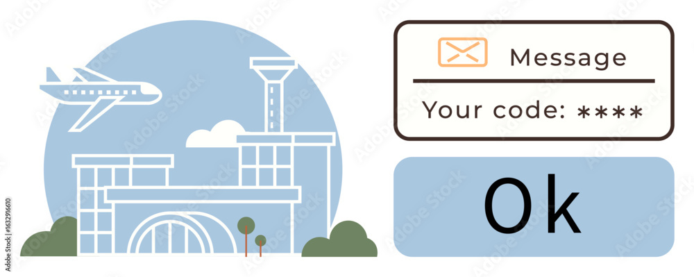 Poster airplane flying near an airport terminal, verification message with code and ok button. ideal for tr
