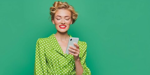 A promotional image of a modestly dressed 35-year-old American adult female, standing and holding her phone, speaking into it to send a voice message, casual posture, realistic lighting
