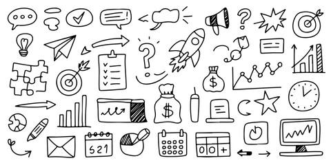 A comprehensive collection of hand-drawn business, finance, and communication doodle icons, perfect for planning, strategy, and growth concepts.