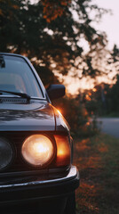 vintage car at sunset on forest road 
