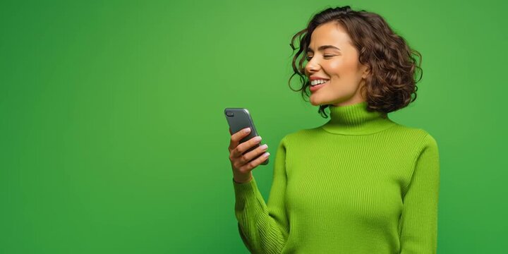 A promotional image of a modestly dressed 35-year-old American adult female, standing and holding her phone, speaking into it to send a voice message, casual posture, realistic lighting