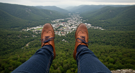 POV shot of feet in stylish brown brogue shoes dangling over a mountain cliff, overlooking a lush green valley with a town below. Concepts of adventure, travel, freedom, and exploration