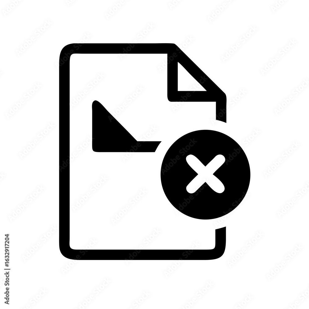 Poster black and white icon of a document with a folded corner and a black circle with an x on top right