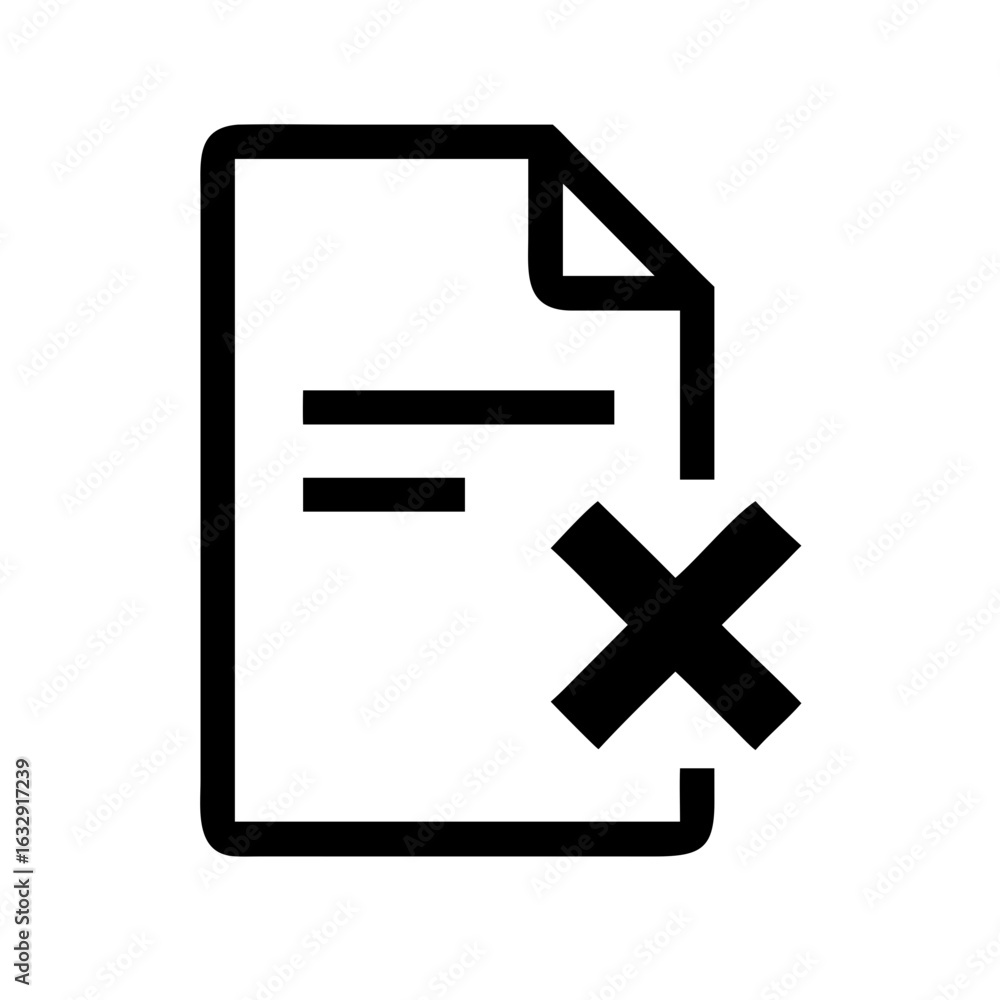 Aufkleber black outline of a document with two lines and a folded corner with a black x mark on the bottom rig