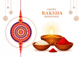 Vector art of happy raksha bandhan festival celebration with rakhi thread, diya, kumkum, and rice isolated on white background