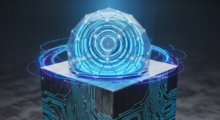 Futuristic glowing sphere on a digital circuit board pedestal