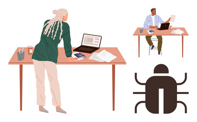 Professionals at desks reviewing files and discussing solutions, laptop screens open. Bug icon represents problem-solving. Ideal for teamwork, debugging, analysis, brainstorming, workplace, IT