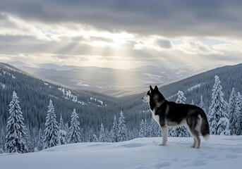 Naklejka premium Husky Dog Gazing at Winter Mountain Scenery. Generative Ai