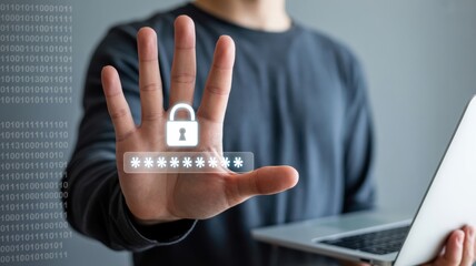 Person holding hand up with digital padlock and password bar