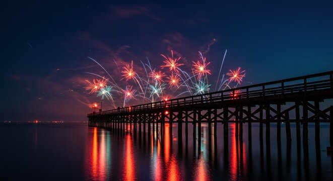 Fireworks over a pier at night (1)
