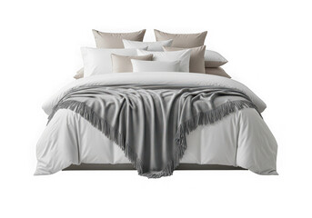 Photo of comfortable bed isolated on transparent background with pillows and blanket