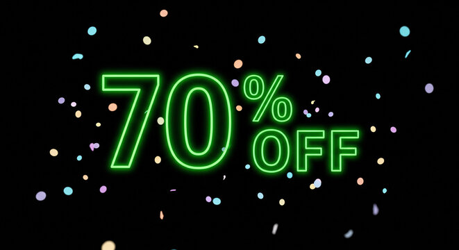 Striking 70% OFF neon green text against a dark background with festive floating confetti, ideal for advertising sales, promotions, and special shopping events