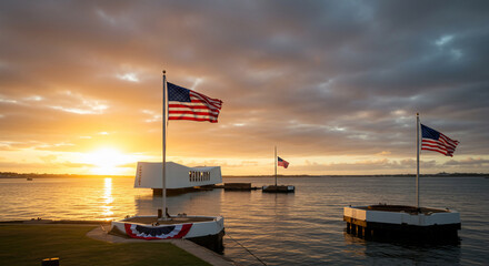 Stunning sunrise at the USS Arizona Memorial in Pearl Harbor, Hawaii, featuring patriotic American flags. A solemn historical landmark symbolizing remembrance and sacrifice