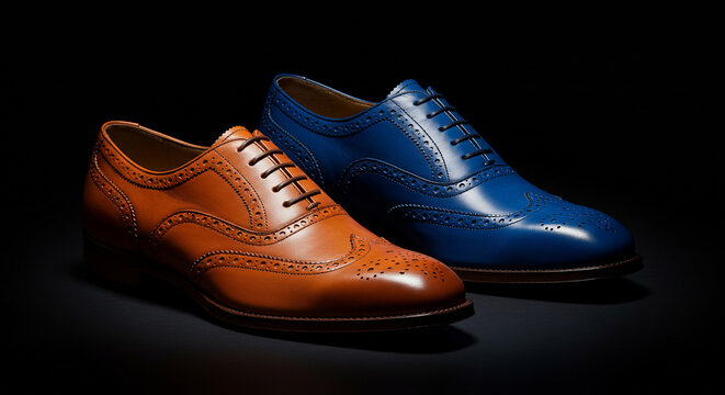 Stylish men's tan and blue leather brogue shoes showcased in a dark studio. Perfect for fashion, luxury goods, business attire, and sophisticated style concepts