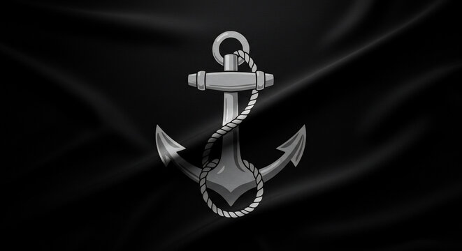 Stylish metallic anchor with rope on a dark black fabric background. Concept of stability, hope, and nautical adventure. Ideal for marine-themed design, emblems, or decorative uses