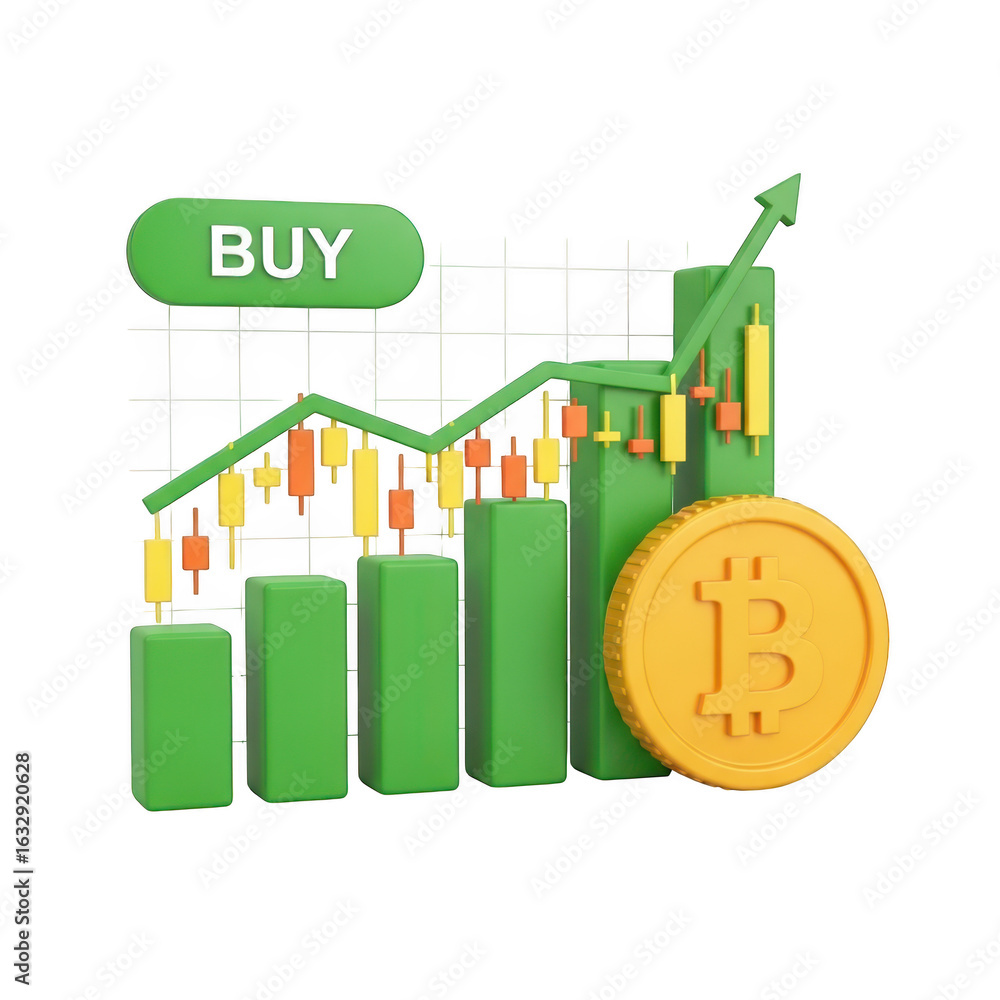 Poster 3d bitcoin trading chart with buy button isolated on transparent background