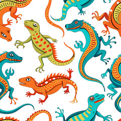 Seamless Pattern of Exotic Lizards Hand-Drawn Vector Design