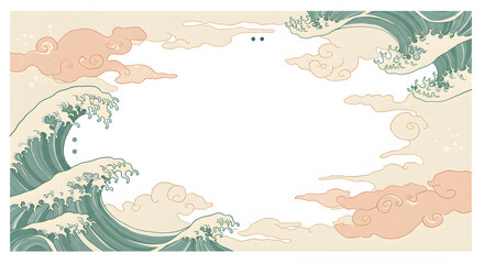 Colorful beach illustration with tropical trees, waves, and a sun-filled sky